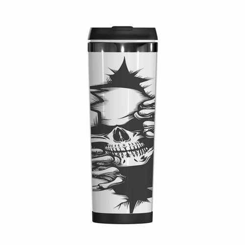 WONDERTIFY Human Skull Coffee Cup Skeleton Peeping Hole Crack Wall Halloween Tattoo Style Coffee Mug Stainless Steel Bottle Double Walled Thermo Travel Water Metal Canteen Black White