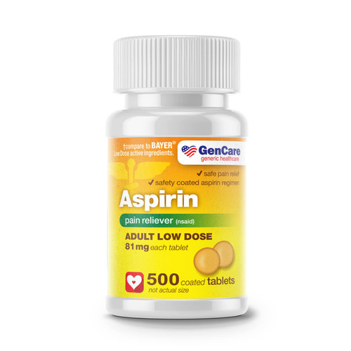 GenCare - Low Dose Aspirin 81mg for Adults Coated (NSAID) 500 Tablets | Adult Low Dose | Enteric Coated Aspirin Pills | Muscle Pain & Menstrual Pain Relief | Fever Reducer | Generic Bayer GenCare - Low Dose Aspirin 81mg for Adults Coated (NSAID) 500 Tablets | Adult Low Dose | Enteric Coated Aspirin Pills | Muscle Pain & Menstrual Pain Relief | Fever Reducer | Generic Bayer