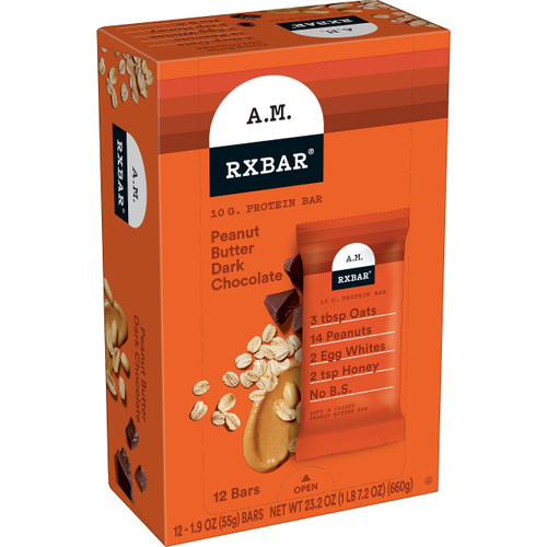 RXBAR A.M. Protein Bars, Gluten Free Snacks, Breakfast Snacks, Peanut Butter Dark Chocolate, 23.2oz Box (12 Bars)