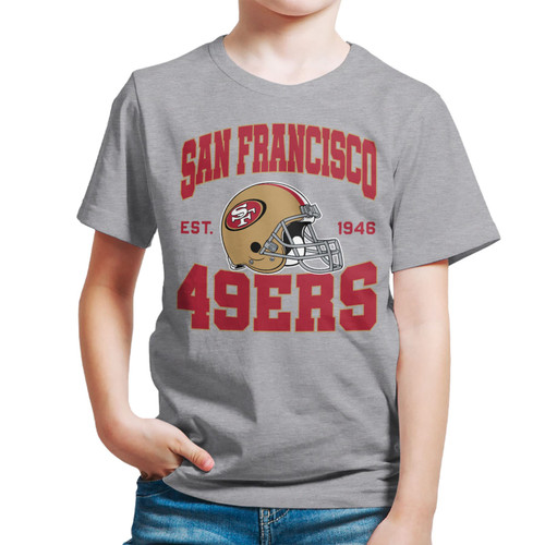 Junk Food Clothing x NFL - San Francisco 49ers - Team Helmet - Kids Short Sleeve T-Shirt for Boys and Girls - Size Medium