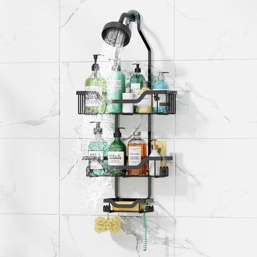 Algasan Hanging Shower Caddy Over Shower Head with 10 Hooks for Razor/Sponge, Soap Basket Never Rust Aluminum, Large