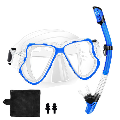 Snorkelfun Dry Snorkeling Gear for Adults, Panoramic Wide View Snorkel Mask, Professional Scuba Mask and Snorkel, Anti-Fog Tempered Glass Diving Snorkel Set (Blue)