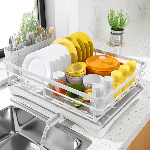 Dish Drying Rack for Kitchen Counter - Large Dish Rack with Drainboard, Rustproof Dish Drainer with Utensil Holder for Sink, White