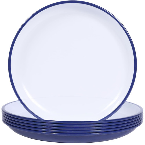 Webbylee Classic Melamine Dinnerware Set - Basic dinnerware set indoor and outdoor use, Reusable plates and bowls set, unbreakable and BPA-free (White-Navy Blue, 6pcs 10.5in plates)