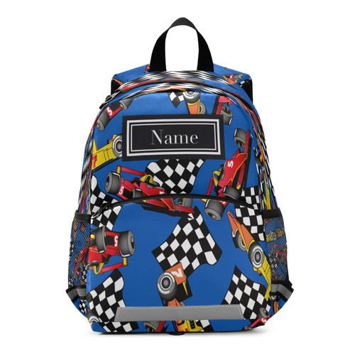 Custom Hippie Vintage Racing Cars Kids Toddler Backpack Race Car Flag Kindergarten Bookbag Personalized Preschool Backpacks Elementary School Bags Reflective Stripes Casual Bag For Children Boys Girls