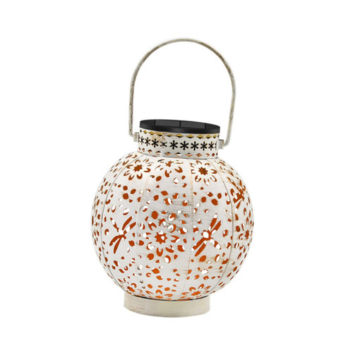 Housoutil Exterior Solar Lights Solar Lantern Solar Projection Light Hanging Lamp White Wrought Iron Hollow Out Solar Lamp Outdoor