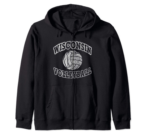 Wisconsin Volleyball Classic Style VIntage Distressed Zip Hoodie