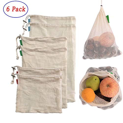 Reusable Cotton Produce Bags with Drawstring and Tare Weights,Mesh Produce Bags for Grocery Shopping & Storage of Fruit Vegetable & Toys - Zero Waste Produce Bags Set of 6 (2 Large 2 Medium & 2 Small)