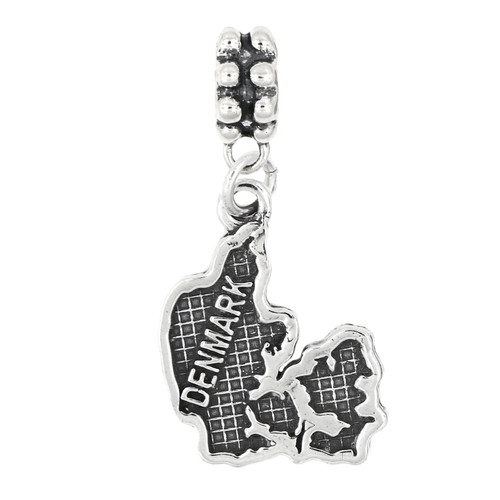 LGU Sterling Silver Oxidized Textured Country Map of Denmark European Dangle Bead Charm