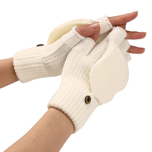FUDERU Women's Winter Knitted Snow Glove Convertible Mitten Warm Thermal Knit Fingerless Gloves Mittens for Women Men