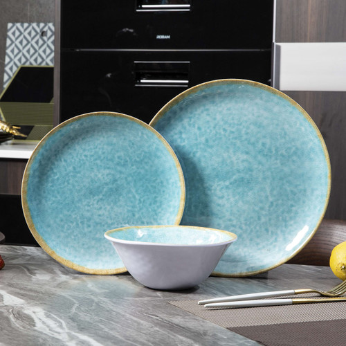 Melamine Dinnerware Sets, 12pcs Plates and Bowls Set, Tableware for 4, RV Camping use, Rustic Crack Light Blue