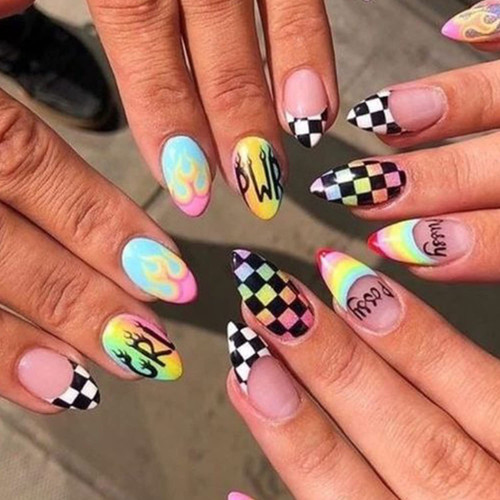 Short Almond Press on Nails with Rainbow French Tip, GLAMERMAID Medium Oval Nail Gel Fake Nails with Color Love Design, Checkerboard Nude Acrylic Stick Glue on Nails Kit for Women False Nail Tips Set Short Almond Press on Nails with Rainbow French Tip, GLAMERMAID Medium Oval Nail Gel Fake Nails with Color Love Design, Checkerboard Nude Acrylic Stick Glue on Nails Kit for Women False Nail Tips Set