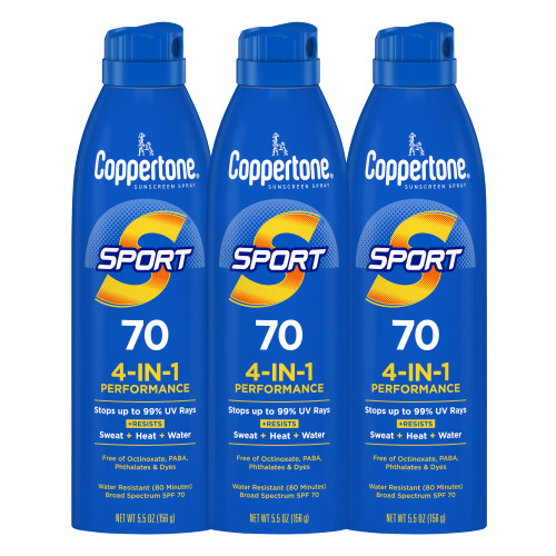 Coppertone SPORT Sunscreen Spray SPF 70, Water Resistant Sunscreen, Broad Spectrum SPF 70 Sunscreen, Bulk Sunscreen Pack, 5.5 Oz Spray, Pack of 3 Coppertone SPORT Sunscreen Spray SPF 70, Water Resistant Sunscreen, Broad Spectrum SPF 70 Sunscreen, Bulk Sunscreen Pack, 5.5 Oz Spray, Pack of 3