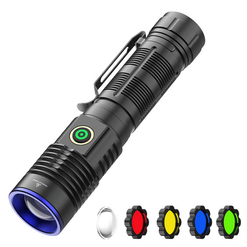 ULTRAFIRE Rechargeable Tactical Flashlight with Holster, 2000 High LumenLED Flashlight, 2000 High Lumen LED Flashlight, with Green Red Blue Yellow Hunting Light, Zoomable 5 Modes Small EDC Flash Light