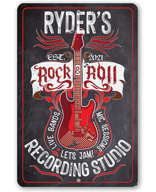 Personalized Rock & Roll Sign - Retro Vintage Music Room Accessories, Recording Studio Guitar Sign, Great Gift for Artists and Musicians, Chalkboard Look 8x12 or 12x18 Indoor or Outdoor Metal Sign
