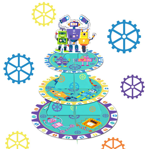 CC HOME Cartoon Robots Cupcake Stand 3 Tier Cartoon Robots Party Supplies Cake Stand for Kids Birthday Party Decorations Cartoon Robots Theme Party Baby Shower Birthday Party Supplies