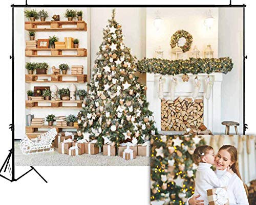 Funnytree 7X5ft Gold Christmas Tree Photography Backdrop Xmas Fireplace Indoor Background Portrait Photobooth Decorations Photo Studio Portrait Props