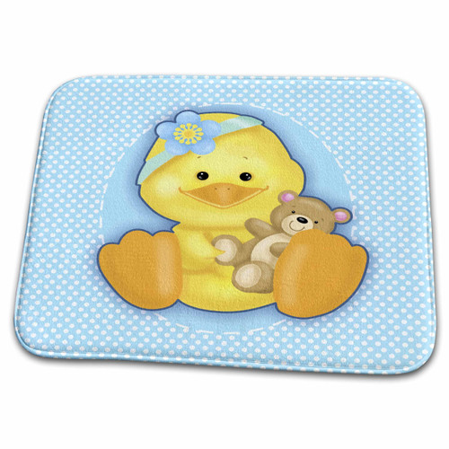 3dRose Cute Baby Duck with Teddy Bear Over Blue and White... - Bathroom Bath Rug Mats (rug-219153-1)