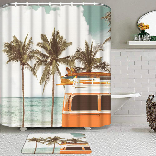 PZMPZM 2 Pcs Tour Bus Shower Curtain Set with Rug,Summer Beach Surfboard Tropical Palm Tree Ocean Coastal Surfing Retro RV Camper Bath Curtain with Hook and Bath Mat