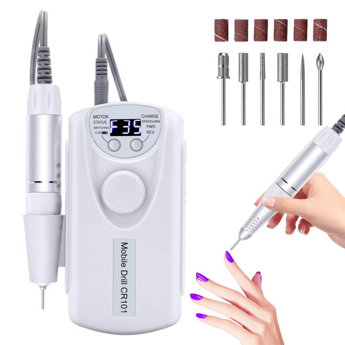 Portable Electric Nail Drill 35000RPM: Professional Nail File Machine, Cordless Rechargeable Nail Drill E File for Remove Gel Polish Nail for Acrylic Nails Manicure Salon Home with Bits Kit,White