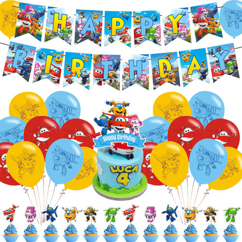 Super Wings Birthday Decorations,Super Wings Party Decorations Include Banners,Cake Topper, Cupcake Toppers,Balloons for Girls Boys Theme Party Supplies