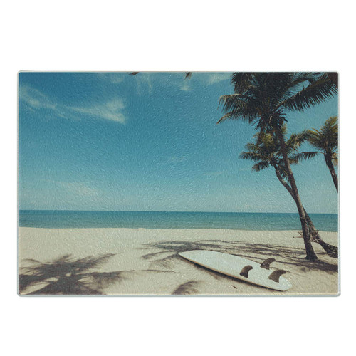 Lunarable Beach Cutting Board, Retro Style Photo of a Surfboard and Palm Trees, Decorative Tempered Glass Cutting and Serving Board, Small Size, Sea Blue Champagne