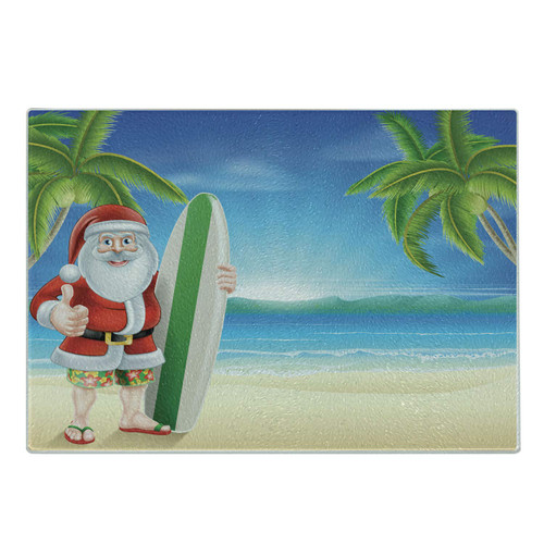 Ambesonne Christmas Cutting Board, Santa Claus with Trunks on the Beach and Surfboard Sunny Hot Christmas Theme, Decorative Tempered Glass Cutting and Serving Board, Small Size, Blue Green