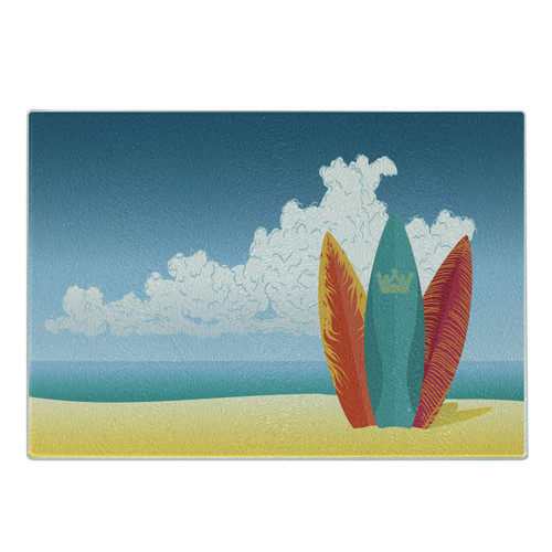 Ambesonne Graphic Beach Cutting Board, Summer Water Sports Illustration of Surfboards on Sandy Coast and Ocean Print, Decorative Tempered Glass Cutting and Serving Board, Small Size, Multicolor