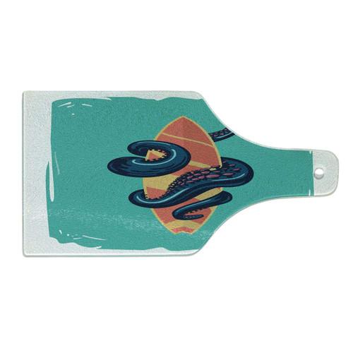Lunarable Octopus Cutting Board, Octopus Tentacles with Surf Board Water Sports Retro Style Poster Illustration, Decorative Tempered Glass Cutting and Serving Board, Wine Bottle Shape, Teal Orange