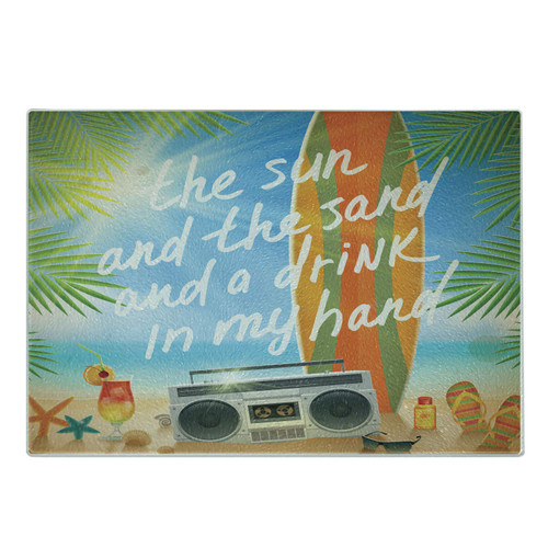 Ambesonne Saying Cutting Board, Retro Design Tropical Beach with Surfboard Palm Leaves Flip Flops and Sunglasses, Decorative Tempered Glass Cutting and Serving Board, Small Size, Multicolor