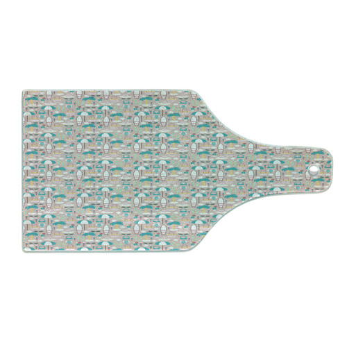 Lunarable Summer Cutting Board, Beach Swimsuit Sunglasses Cocktail Surfboard Ice Cream Sea Shell, Decorative Tempered Glass Cutting and Serving Board, Wine Bottle Shape, Teal Rose and Mustard