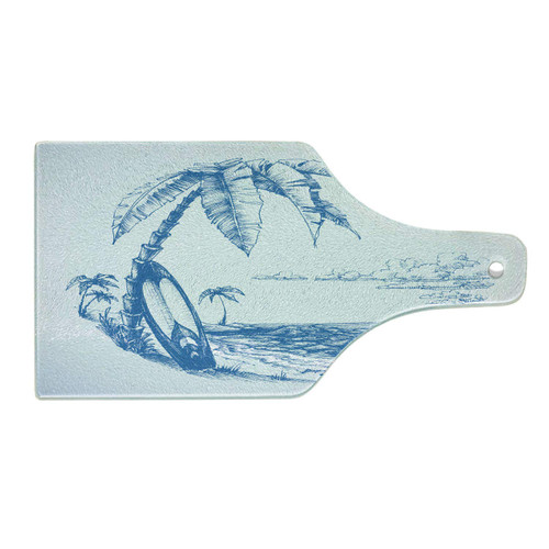 Ambesonne Surf Cutting Board, Contemporary Sketch Illustration Hawaiian Beach with Surfboard Palms and Ocean Water, Decorative Tempered Glass Cutting and Serving Board, Wine Bottle Shape, Blue White
