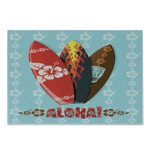 Lunarable Surf Cutting Board, Illustration of Modern Aloha Surfboards Hibiscus Tribal Extreme Sports Printed, Decorative Tempered Glass Cutting and Serving Board, Small Size, Multicolor