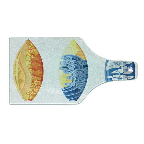 Ambesonne Surf Cutting Board, Ornate Colorful Surfboards Vocation Fun Water Sports Moving Waves Lifestyle, Decorative Tempered Glass Cutting and Serving Board, Wine Bottle Shape, Blue Orange Yellow