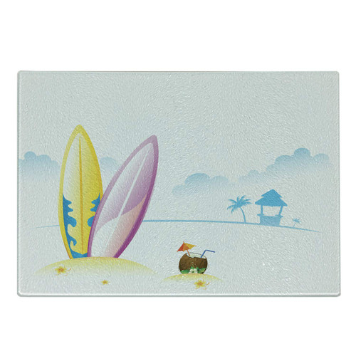 Lunarable Surfboard Cutting Board, Illustration of Surfing Board with Tender Coconut on Sea Beach Bungalow Horizon, Decorative Tempered Glass Cutting and Serving Board, Small Size, Multicolor