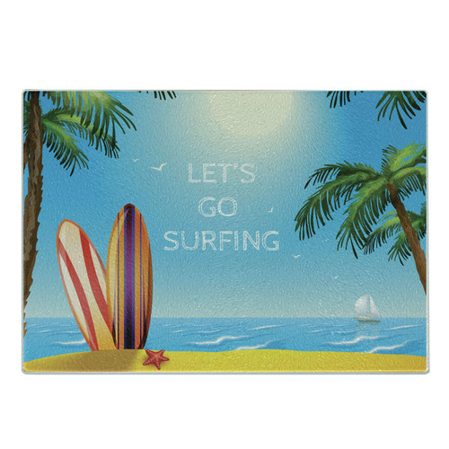 Ambesonne Surfboard Cutting Board, Summer Vacation Tropical Island Beach Themed Artwork and Let's Go Surfing Wording, Decorative Tempered Glass Cutting and Serving Board, Small Size, Multicolor Ambesonne Surfboard Cutting Board, Summer Vacation Tropical Island Beach Themed Artwork and Let's Go Surfing Wording, Decorative Tempered Glass Cutting and Serving Board, Small Size, Multicolor