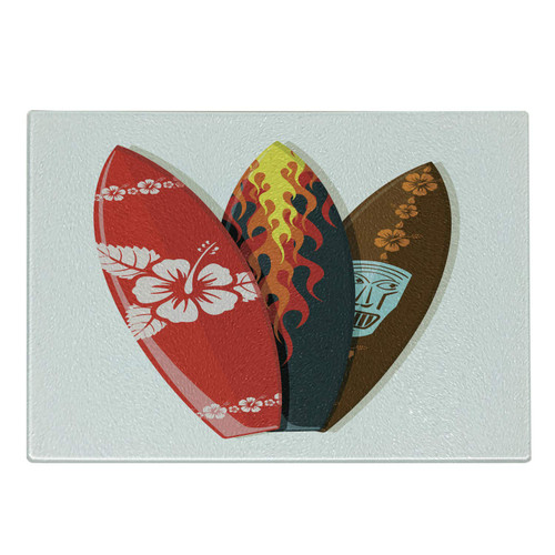 Lunarable Surfboard Cutting Board, Surf Boards Abstract Patterns Tropics Tourism Lifestyle Sport Activity Art, Decorative Tempered Glass Cutting and Serving Board, Small Size, Multicolor