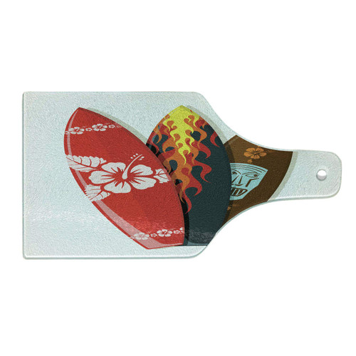 Lunarable Surfboard Cutting Board, Surf Boards Abstract Patterns Tropics Tourism Lifestyle Sport Activity Art, Decorative Tempered Glass Cutting and Serving Board, Wine Bottle Shape, Multicolor