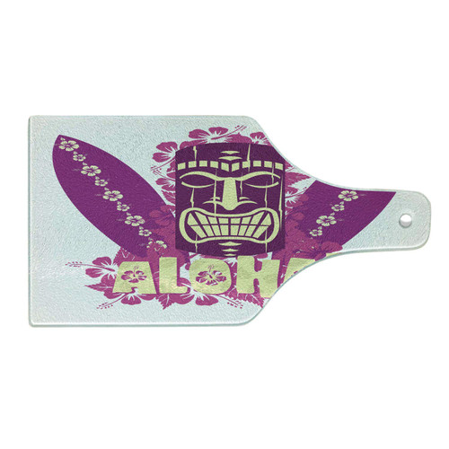 Ambesonne Tiki Bar Cutting Board, Tiki Culture Figure Surfboards Hibiscus Hand Drawn Aloha Art, Decorative Tempered Glass Cutting and Serving Board, Wine Bottle Shape, Hot Pink Purple Pale Yellow