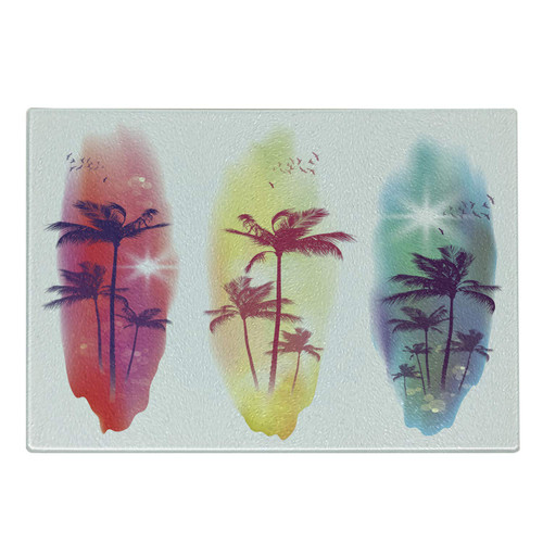 Ambesonne Tropical Cutting Board, Palm Trees Birds Seagulls Pattern Silhouette Surfboards Seascape, Decorative Tempered Glass Cutting and Serving Board, Small Size, Purple Fuchsia Pale Yellow