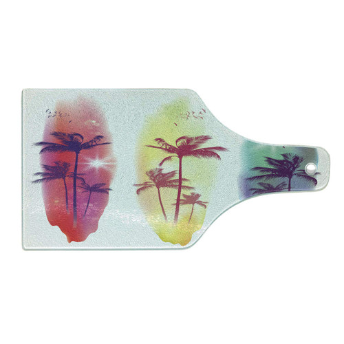 Ambesonne Tropical Cutting Board, Palm Trees Birds Seagulls Pattern Silhouette Surfboards Seascape, Decorative Tempered Glass Cutting and Serving Board, Wine Bottle Shape, Purple Fuchsia Pale Yellow