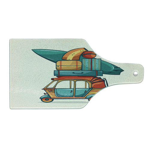 Ambesonne Vintage Car Cutting Board, Cartoon Style Automobile Rickshaw with Summer Vacation Luggage and Surfboard, Decorative Tempered Glass Cutting and Serving Board, Wine Bottle Shape, Multicolor