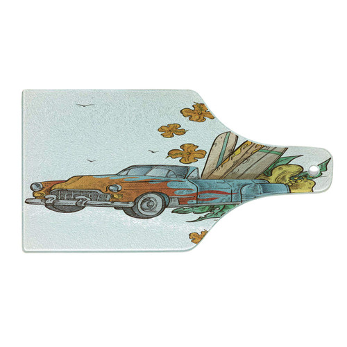 Lunarable Vintage Hawaii Cutting Board, Retro Car Surfboards on Its Truck Freedom Sixties Inspired Image, Decorative Tempered Glass Cutting and Serving Board, Wine Bottle Shape, Multicolor