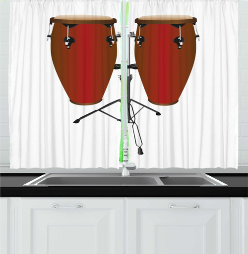 Ambesonne Drums Kitchen Curtains, Illustration of a Pair of Conga Drums on a Plain Background Cuba Culture Items, Window Drapes 2 Panel Set for Kitchen Cafe Decor, 55" x 36", Ruby and White