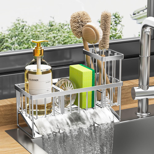 Cisily Sink Caddy Sponge Holder for Kitchen Sink, 304 Stainless Steel Rustproof, Kitchen Sink Caddy with High Brush Holder, Kitchen Sink Organzier Dish Sponge Organizer with Divider(Silver)