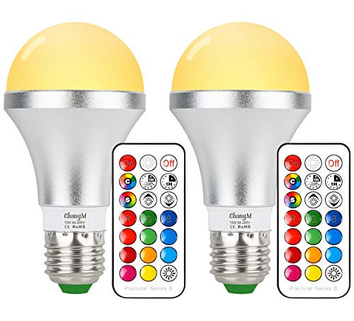 LED Color Changing Light Bulbs Warm White E26 10W RGB Light Bulbs with 21key Remote Control, 60W Incandescent Equivalent, Memory Function, RGB + Warm White, Dimmable with Remote, Pack of 2