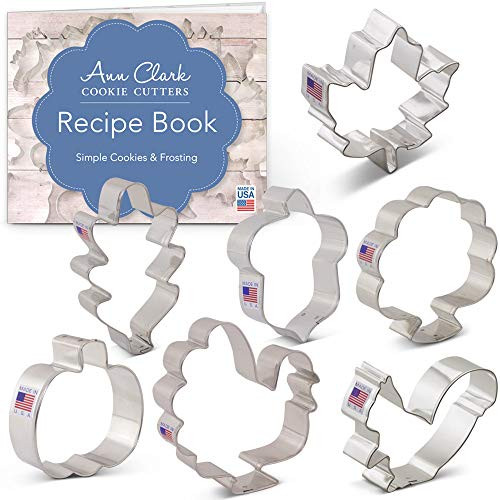 Fall/Thanksgiving Cookie Cutter Set with Recipe Booklet - 7 piece - Pumpkin, Maple & Oak Leaf, Turkey, Front Facing Turkey, Squirrel & Acorn - Ann Clark - USA Made Steel Fall/Thanksgiving Cookie Cutter Set with Recipe Booklet - 7 piece - Pumpkin, Maple & Oak Leaf, Turkey, Front Facing Turkey, Squirrel & Acorn - Ann Clark - USA Made Steel