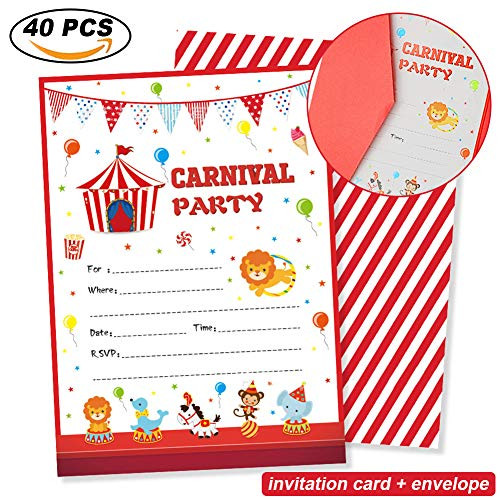 Carnival Circus Invitations - Carnival Circus Party Invitations with Envelopes (20 Count)-Carnival Circus Party Supplies-Birthday Party or Baby Shower