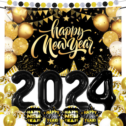 KatchOn, New Years Eve Party Supplies 2024 Set - Big, Pack of 42 | Black and Gold Happy New Year Banner, 2024 Balloon Numbers, New Year Foil Balloons | NYE Decorations 2024, New Years Decorations 2024