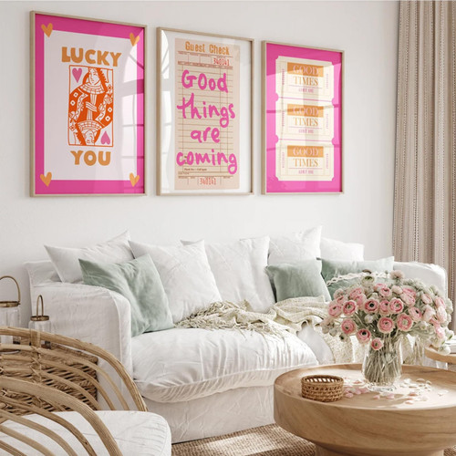 Trendy Wall Art Preppy Guest Check Wall Decor Pink Blue Canvas Wall Art Prints Aesthetic Maximalist Pictures Colorful Art Inspirational Vintage Artwork Set of 3 for Room Bedroom 16x24 Inch Unframed